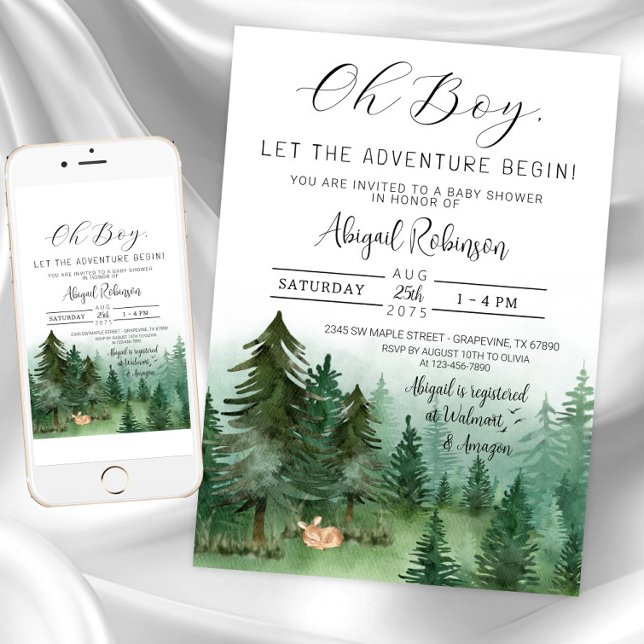 Boy Fox Woodland Oh Boy Baby Dusche Einladung (Boy deer baby shower invitation. Instant download and printed invitations available.)