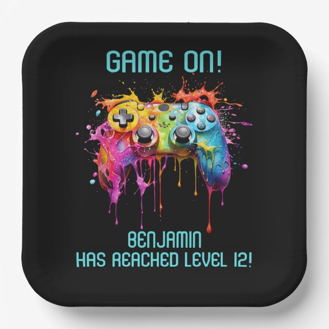 Boy Gamer Aquamarin Video Game Party Pappteller (Vorderseite)
