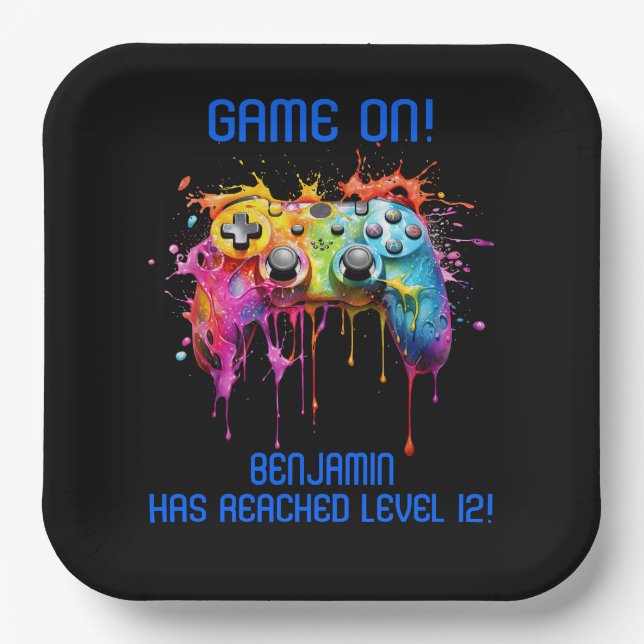 Boy Gamer Blue Video Game Party Pappteller (Vorderseite)
