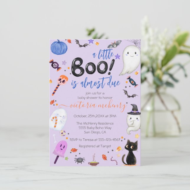 Boy Ghost Little Boo ist zu Halloween Baby Dusche Einladung (Stehend Vorderseite)