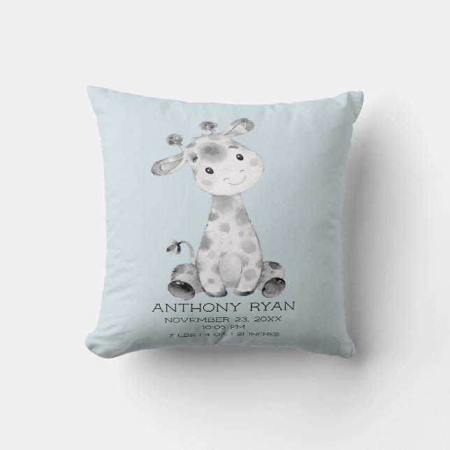 Boy Giraffe Baby Birth Stats Pillow Kissen (Vorderseite)