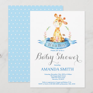 Boy Giraffe Baby Dusche Einladung Blau und Grau