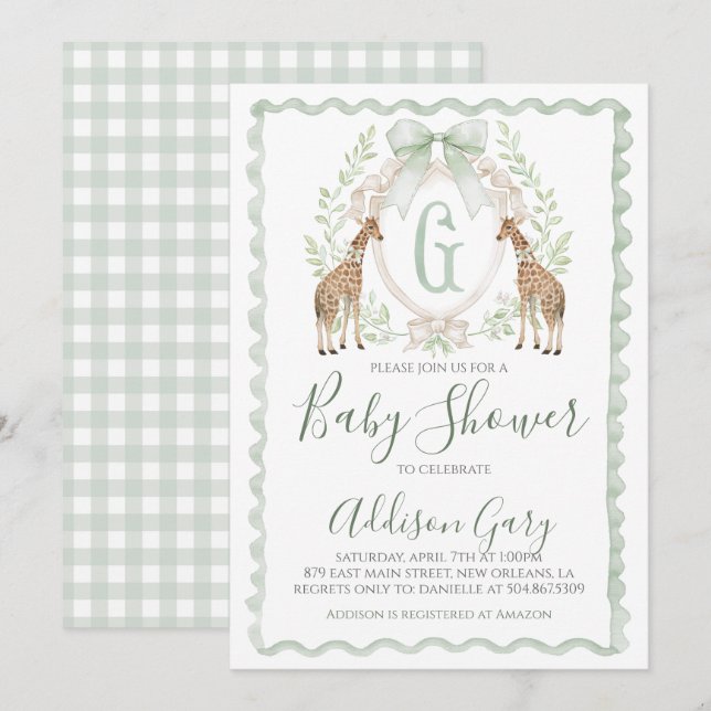 Boy Giraffe Baby Dusche Preppy Sage Green Gingham Einladung (Vorne/Hinten)