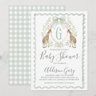 Boy Giraffe Baby Dusche Preppy Sage Green Gingham Einladung