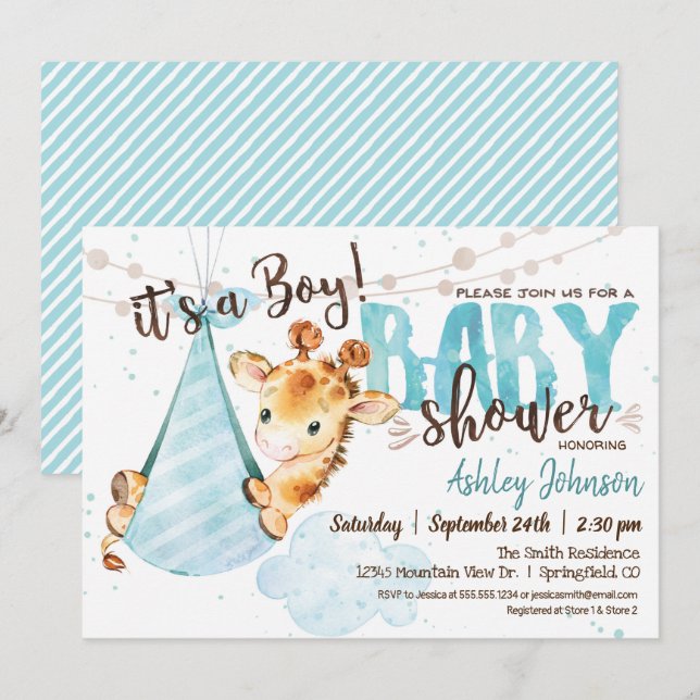 Boy Giraffe Baby Shower Einladung (Vorne/Hinten)