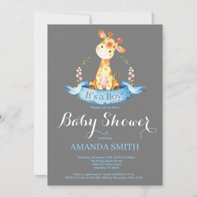 Boy Giraffe Baby shower Invitation Bleu et gris (Devant)