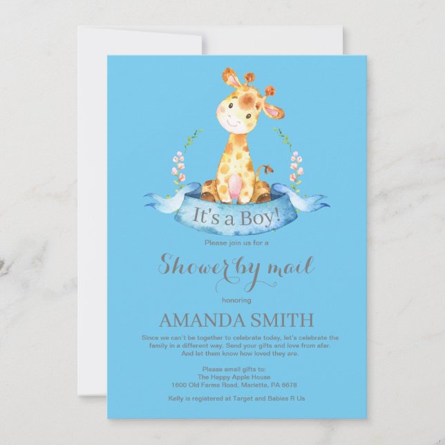 Boy Giraffe Baby shower par Mail Invitation (Devant)