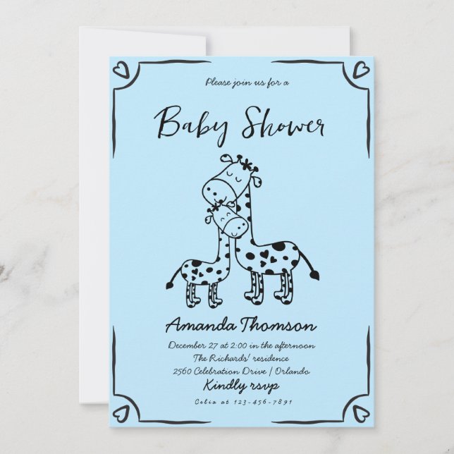 Boy Giraffe Handgezogene Babydusche Einladung (Vorderseite)