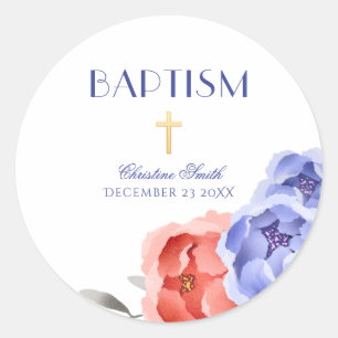 Boy Girl Baptisse Christening Floral Peony Wreath Runder Aufkleber