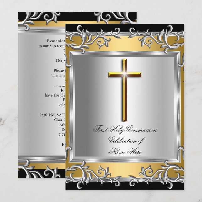 Boy Girl First Heilige Kommune Silver Gold 2 Einladung (Vorne/Hinten)
