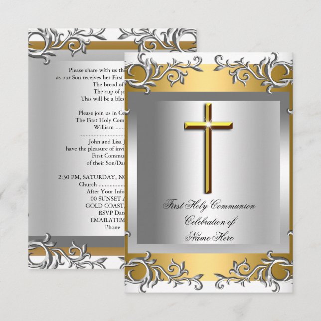 Boy Girl First Heilige Kommunion Silver Gold Einladung (Vorne/Hinten)