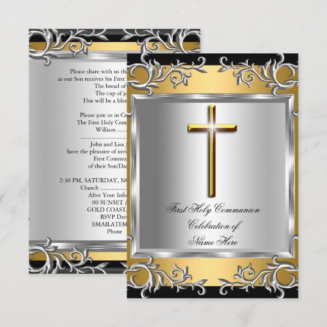 Boy Girl First Heilige Kommunion Silver Gold SML Einladung (Vorne/Hinten)