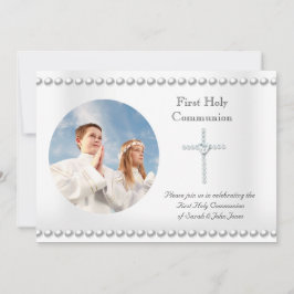 Boy Girl First Heilige Kommunion Weißes Kreuz Foto Einladung