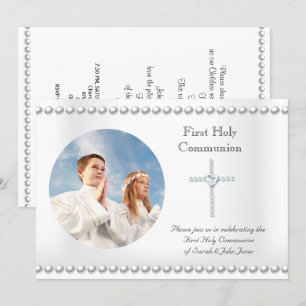 Boy Girl First Heilige Kommunion Weißes Kreuz Foto Einladung