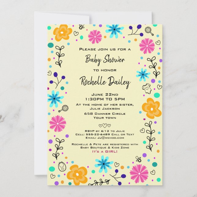 Boy Girl Floral Yellow Niedlich Baby Dusche Einlad Einladung (Vorderseite)