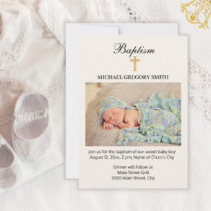 Boy Girl Gold Cross Religious Baptism Foto Einladung