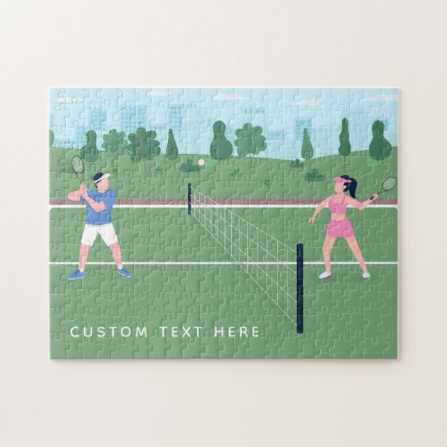Boy Girl Playing Tennis Green Illustration & Text (Horizontal)