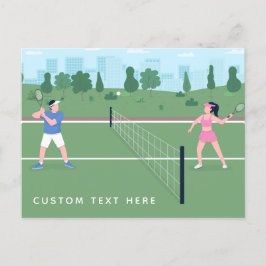 Boy Girl Playing Tennis Green Illustration & Text Postkarte