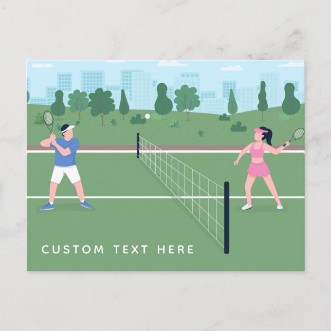 Boy Girl Playing Tennis Green Illustration & Text Postkarte (Vorderseite)