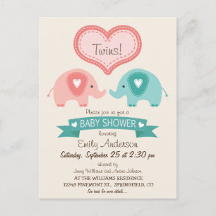 Boy & Girl Twin Pink & Aquamarin Elephants Kinderd Einladungspostkarte