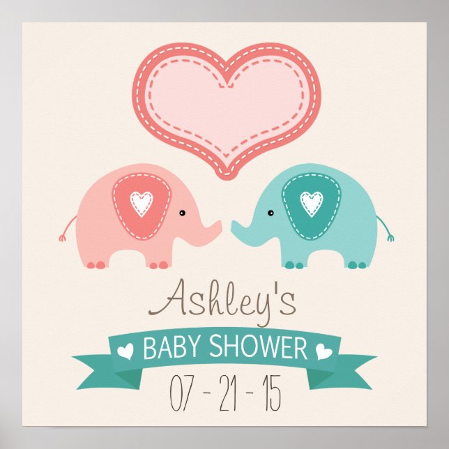 Boy & Girl Twin Pink & Aquamarin Elephants Kinderd Poster (Vorne)