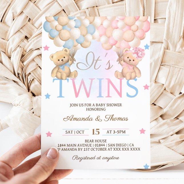 Boy Girl Twins Bear mit Balloons Babydusche Einladung (Von Creator hochgeladen)