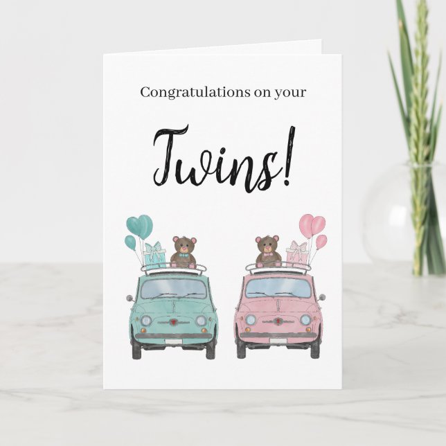 Boy/Girl Twins Fiat 500 Herzlichen Glückwunsch Karte (Vorderseite)