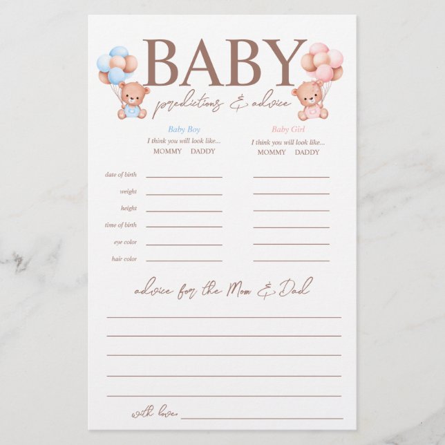 Boy Girl Twins Predictions Baby Shower Game Flyer (Vorne)