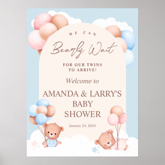 Boy Girl Twins Teddy Bear Baby Dusche Willkommen Poster (Vorne)
