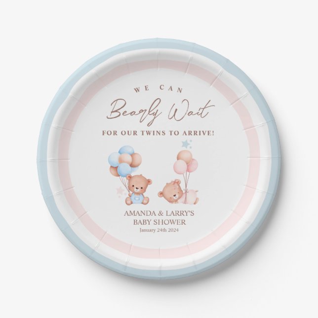 Boy Girl Twins Teddy Bear Baby Shower Pappteller (Vorderseite)