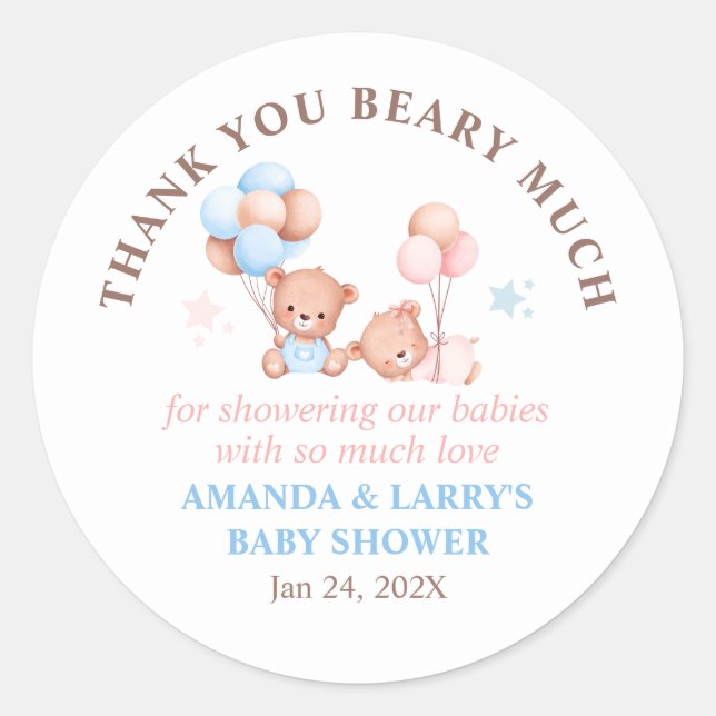 Boy Girl Twins Teddy Bear Vielen Dank Runder Aufkleber (Vorderseite)