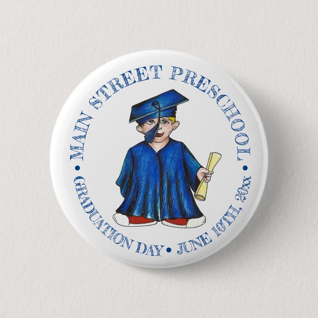Boy Graduate Blue Cap Preschool Graduation Button (Vorderseite)