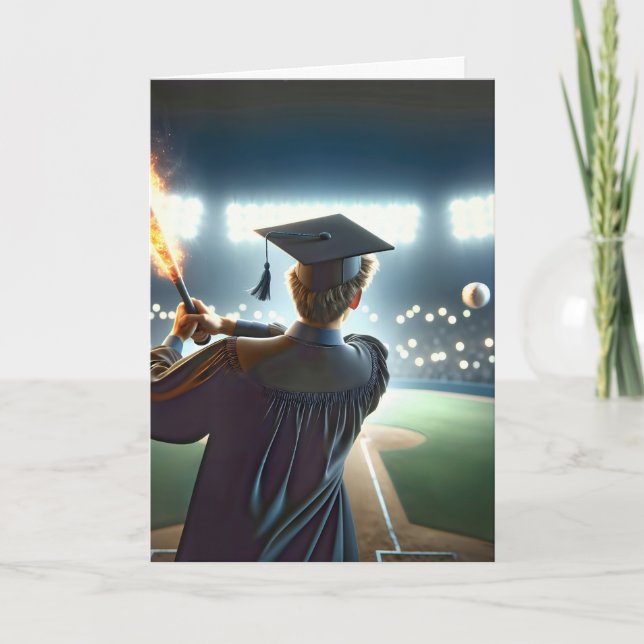 Boy Graduate Swinging a Flaming Baseball Bat Karte (Vorderseite)