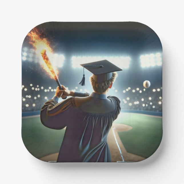 Boy Graduate Swinging a Flaming Baseball Bat Pappteller (Vorderseite)