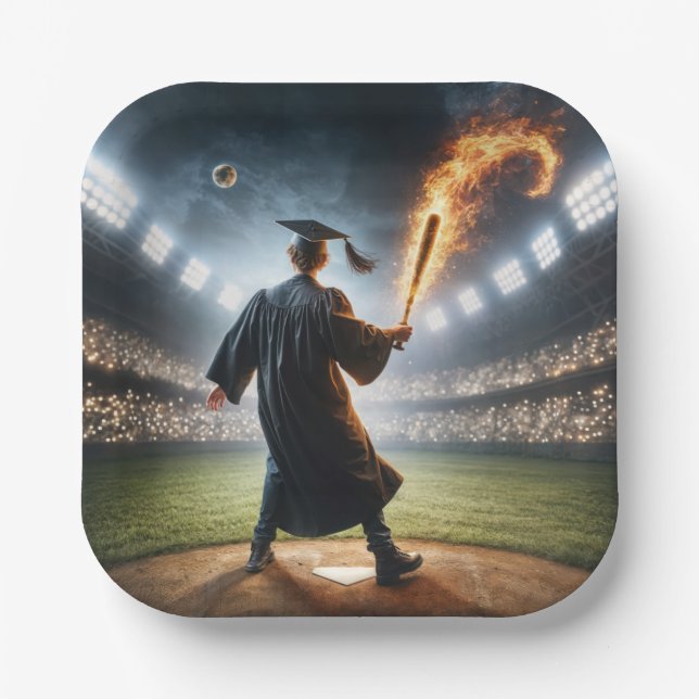 Boy Graduate Swinging a Flaming Baseball Bat Pappteller (Vorderseite)