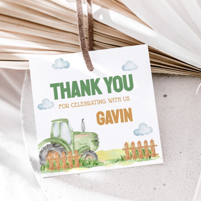Boy Green Tractor Birthday Party Square Geschenkanhänger (Green Tractor Birthday Party Favor Tags)