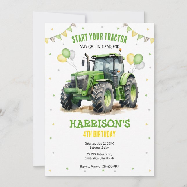 Boy Green Tractor Farm Birthday Party Invitation Einladung (Vorderseite)