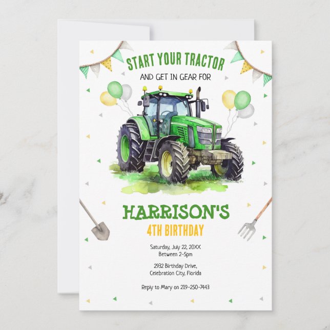 Boy Green Tractor Farm Birthday Party Invitation Einladung (Vorderseite)