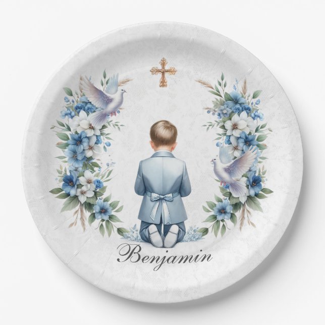 Boy-Heilige Kommunion beten Pappteller (Vorderseite)