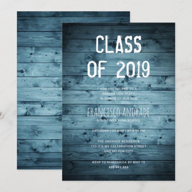 Boy High School Graduation Party 2019 Rustic Blue Einladung (Vorne/Hinten)