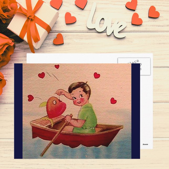 Boy Holding Heart in Boat Postkarte (Boy Holding Heart in Boat Postcard)