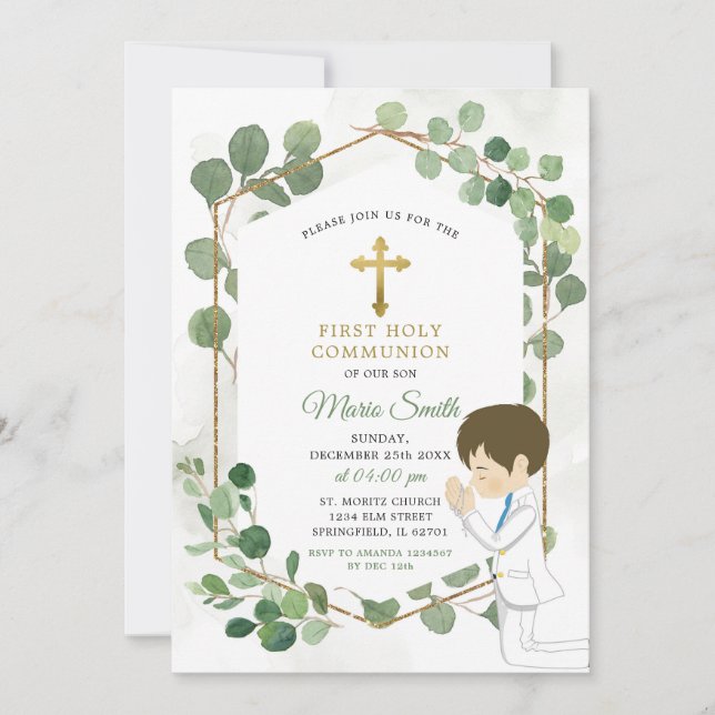 Boy Holy Communion Minimalistisch Greenery Gold Einladung (Vorderseite)