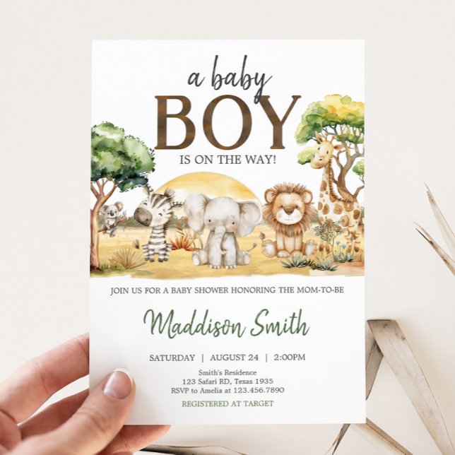 Boy Jungle Safari Animals Baby Dusche Einladung (Safari Baby Shower Invitation)