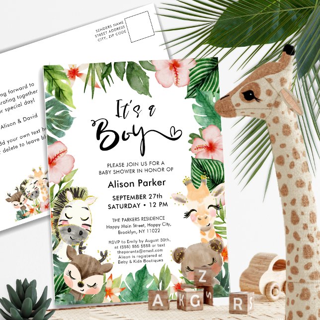 Boy Jungle Safari Tropical Greenerity Baby Dusche Einladungspostkarte (Von Creator hochgeladen)
