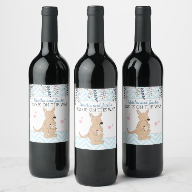 Boy Kangaroo Wine Label Boho Babydusche Weinetikett (Flaschen)