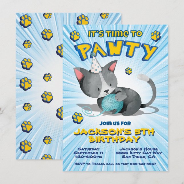 Boy Kitty Cat Birthday Pawty Party Einladung (Vorne/Hinten)