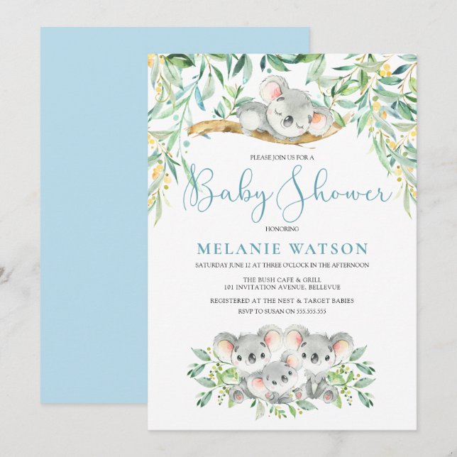 Boy Koala Bush Baby Shower Invitations (Devant / Derrière)