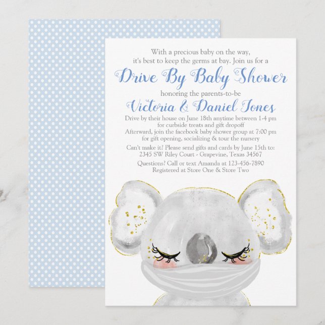 Boy Koala mit Maske Drive by Baby Dusche Einladung (Vorne/Hinten)