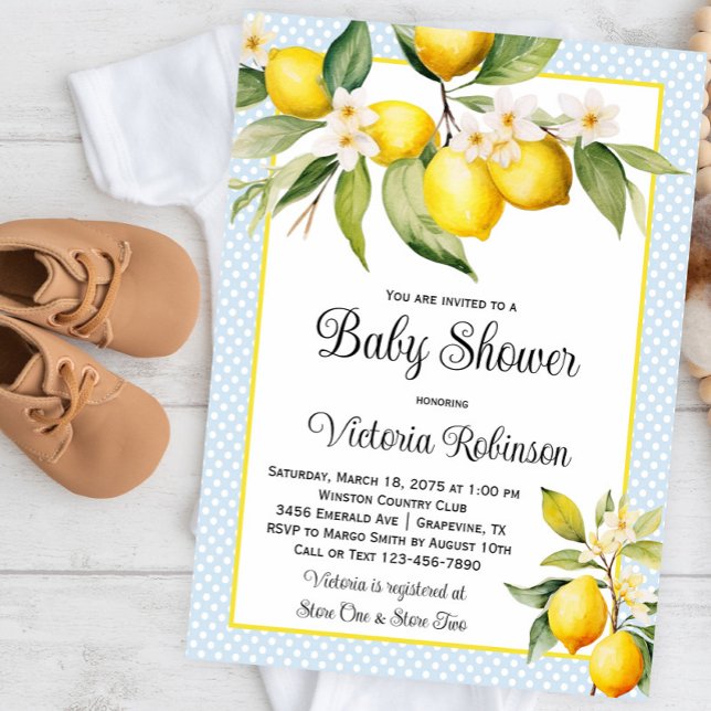 Boy Lemon Baby Shower Einladung (Sweet baby blue lemon baby shower invitation. Instant download and printed invitations available.)