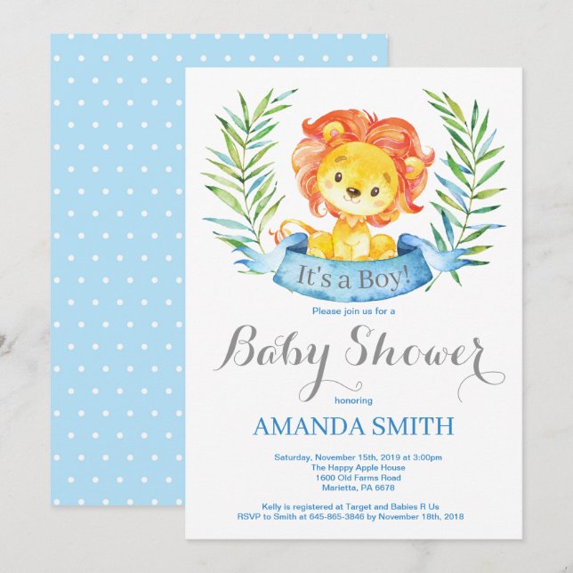 Boy Lion Baby Dusche Einladung Blau und Grau (Vorne/Hinten)
